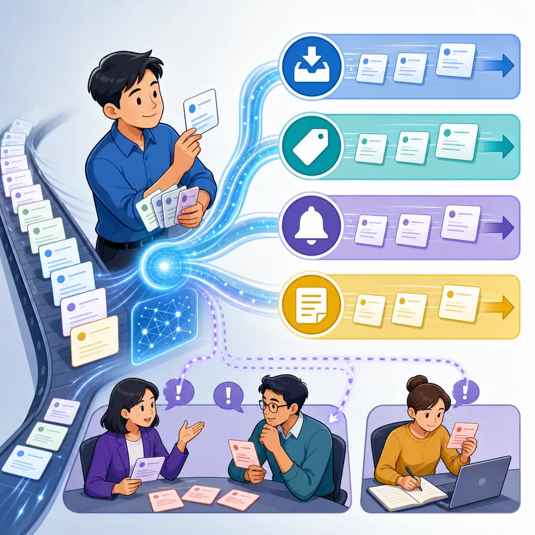 Quản lý phân luồng các thẻ công việc nhận, phân loại, nhắc và tổng hợp trong khi con người xử lý ngoại lệ