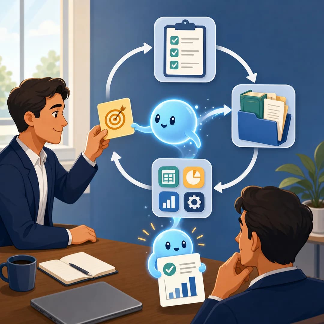 Người quản lý giao mục tiêu cho một luồng AI đi qua danh sách việc và công cụ rồi trở lại để được duyệt