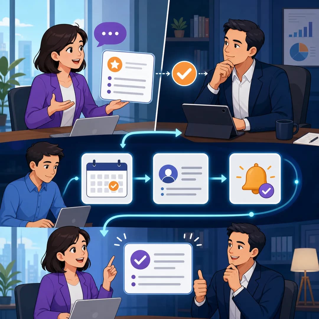 Một trợ lý AI đưa gợi ý cho quản lý trong khi một AI Agent đi qua lịch, hồ sơ khách và bước duyệt