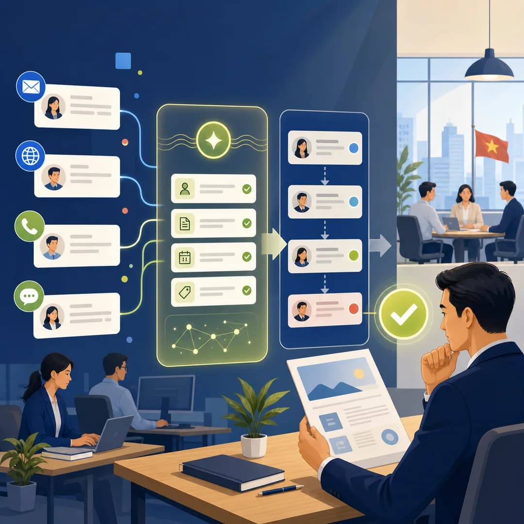 Minh họa AI sắp xếp đầu mối bán hàng từ nhiều kênh và người quản lý duyệt bước quan trọng