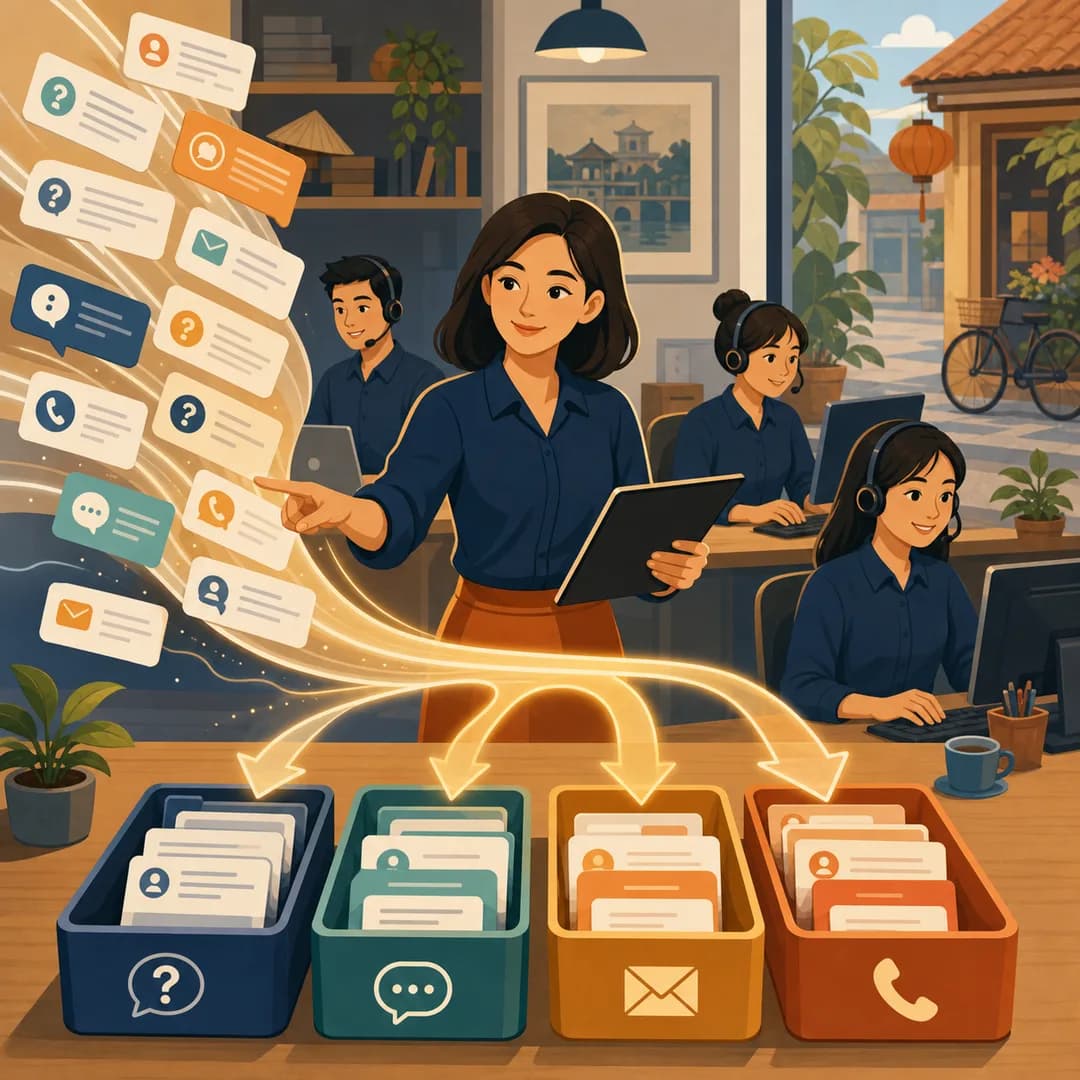 Trưởng nhóm chăm sóc khách hàng hướng dẫn nhân viên phân luồng các thẻ yêu cầu vào những khay công việc rõ ràng