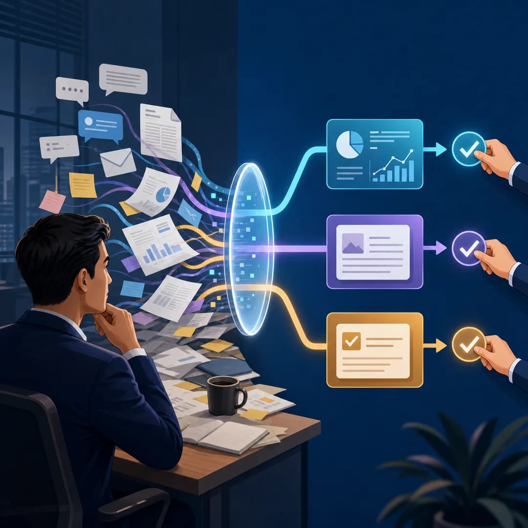 CEO nhìn dữ liệu và công việc đi qua một thấu kính AI thành ba luồng phân tích, bản nháp và hành động có duyệt