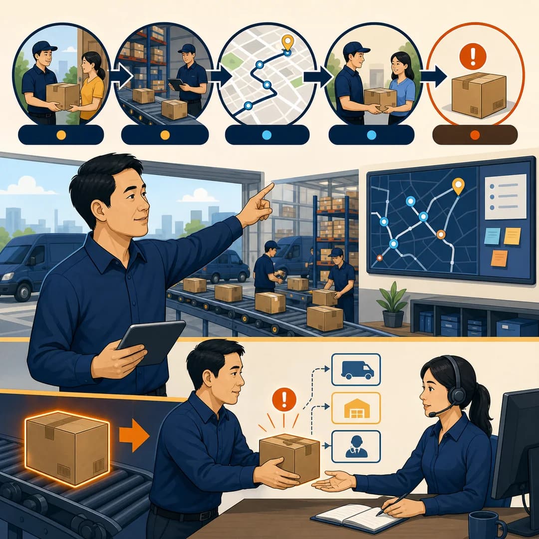 Điều phối viên logistics theo dõi luồng lấy hàng, kho, tuyến giao và một kiện hàng ngoại lệ