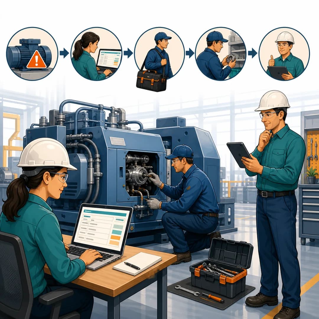 Điều phối viên và kỹ thuật viên xử lý lệnh dịch vụ cho máy công nghiệp với bước giám sát của con người