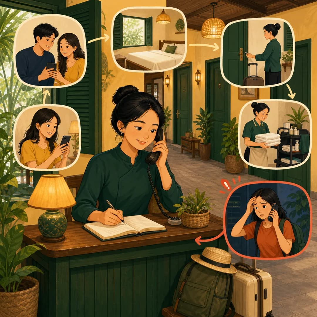 Chủ homestay điều phối hỏi phòng, nhận phòng, dọn phòng và hỗ trợ một khách có ngoại lệ