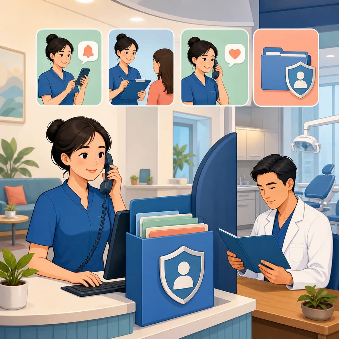 Điều phối viên nha khoa quản lý lịch hẹn và hồ sơ được bảo vệ trong khi bác sĩ duyệt ca nhạy cảm