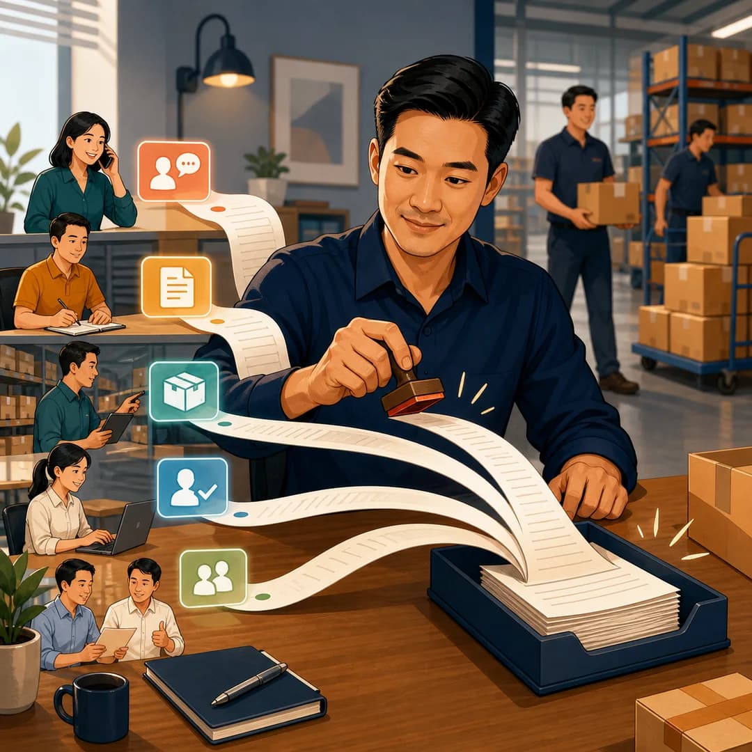 Quản lý phân phối B2B duyệt luồng hỏi hàng, báo giá và theo sát khách trong kho hàng