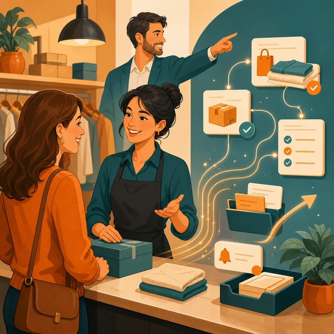 Nhân viên bán hàng trò chuyện với khách trong khi luồng hỗ trợ sắp xếp việc thường dưới sự chỉ huy của quản lý
