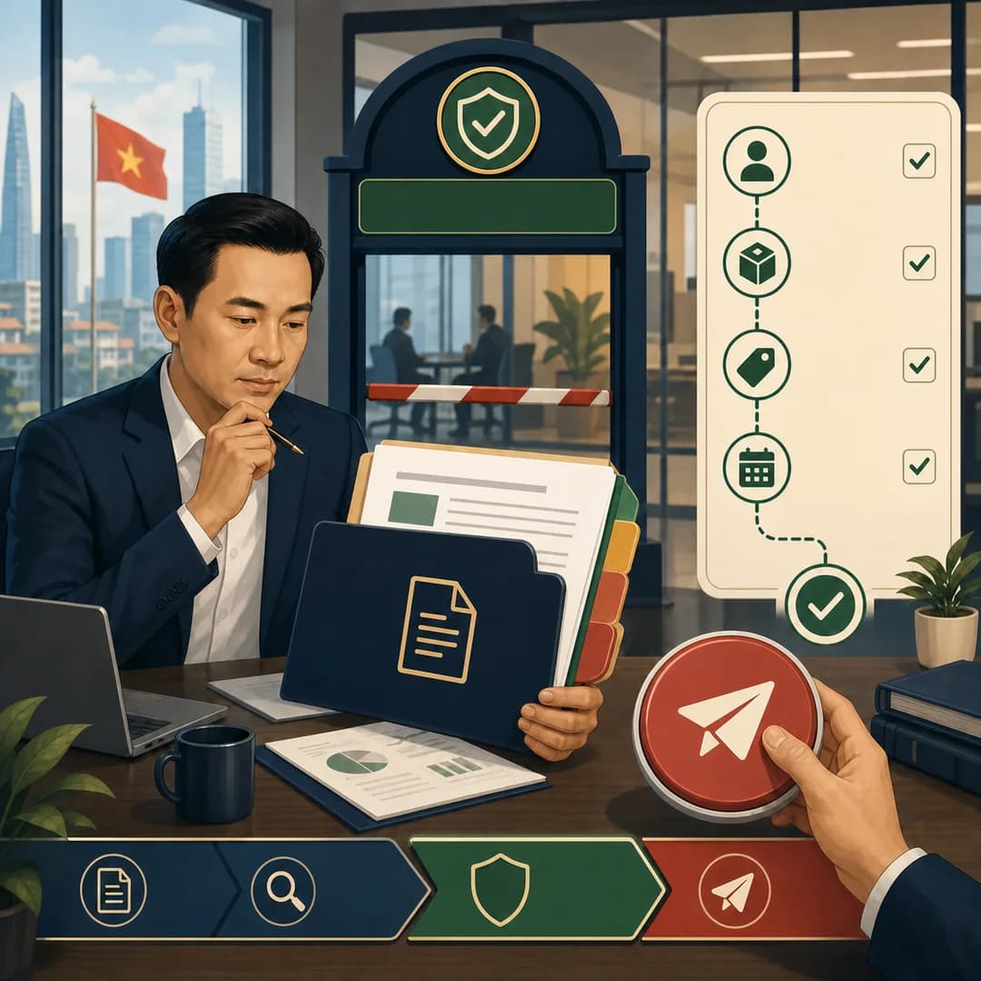 Giám đốc kinh doanh kiểm tra tập hồ sơ báo giá tại cổng duyệt với các biểu tượng khách hàng, sản phẩm, phiên bản và ngày hiệu lực