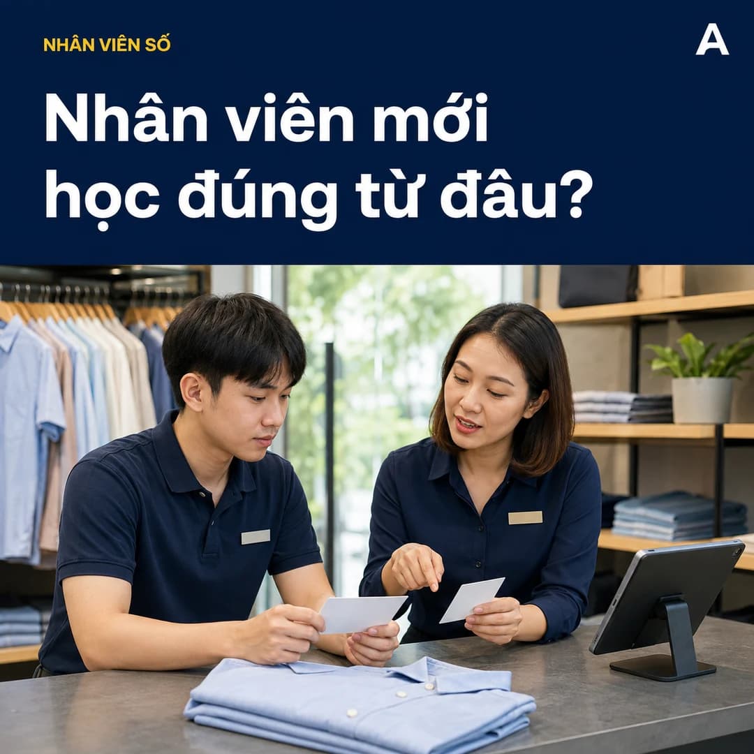 Ảnh AI minh họa nam nhân viên bán hàng mới và nữ hướng dẫn Việt Nam xem thẻ thông tin cạnh sản phẩm áo