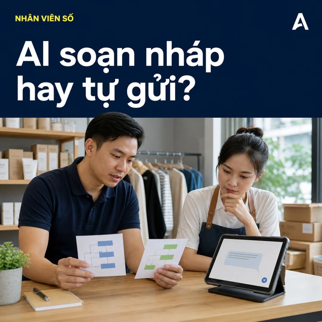 Ảnh AI minh họa nam quản lý cầm hai thẻ quy trình và nữ nhân viên Việt Nam xem máy tính bảng