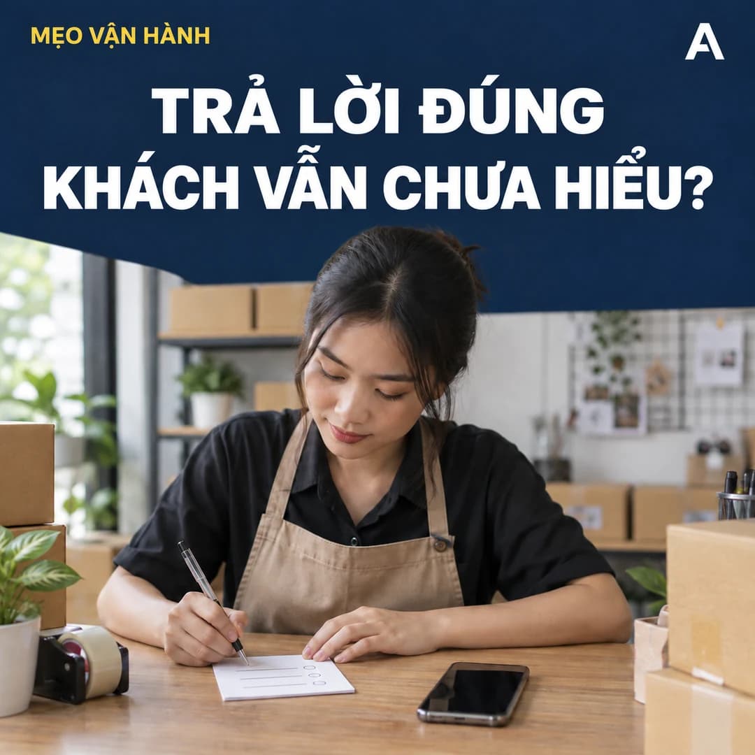 Nhân viên cửa hàng Việt Nam ghi các bước hướng dẫn trên giấy bên một điện thoại; ảnh minh họa việc làm rõ bước tiếp theo cho khách.