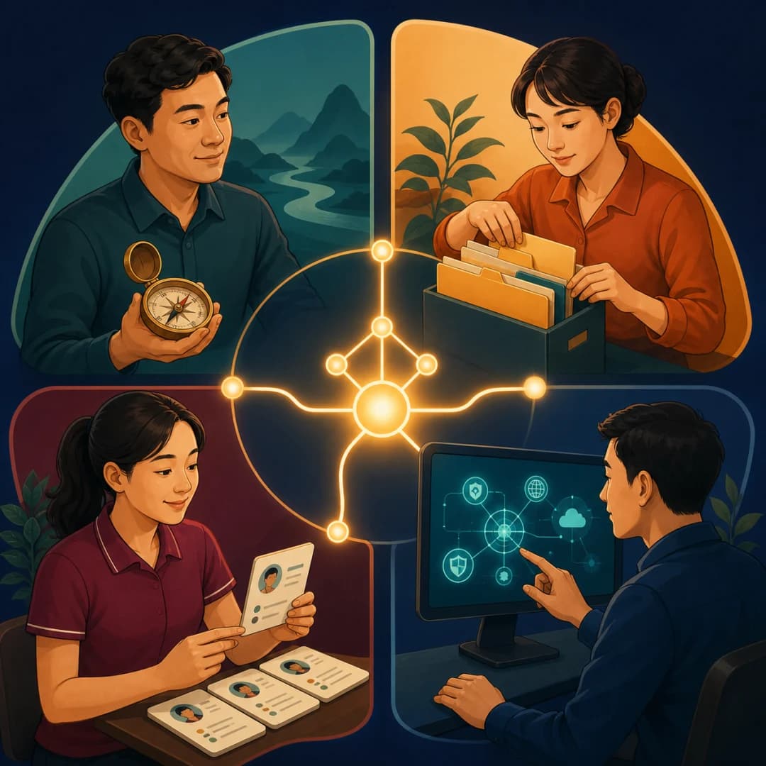 Bốn vai trò con người đứng quanh một bảng vận hành với phần trách nhiệm riêng