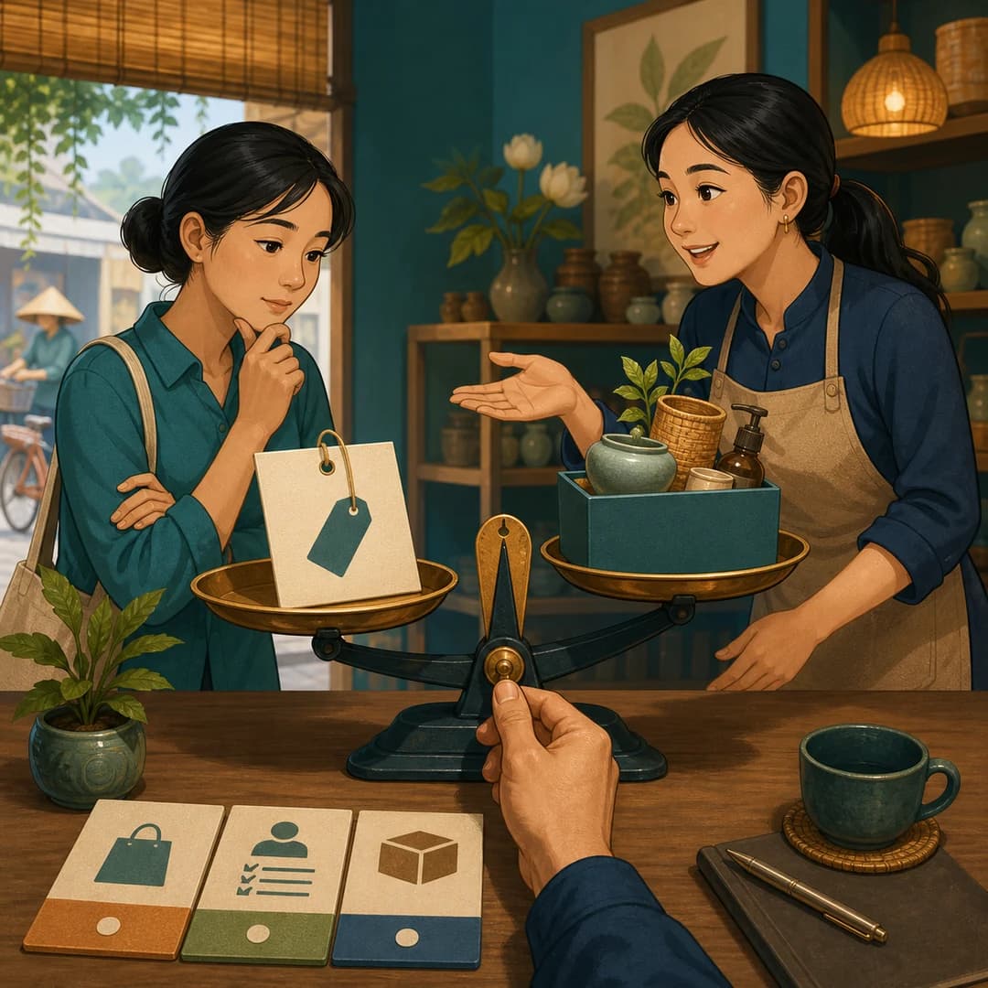Minh họa 2D một chiếc cân so sánh thẻ giá với hộp giá trị, có bàn tay người giữ chốt cân