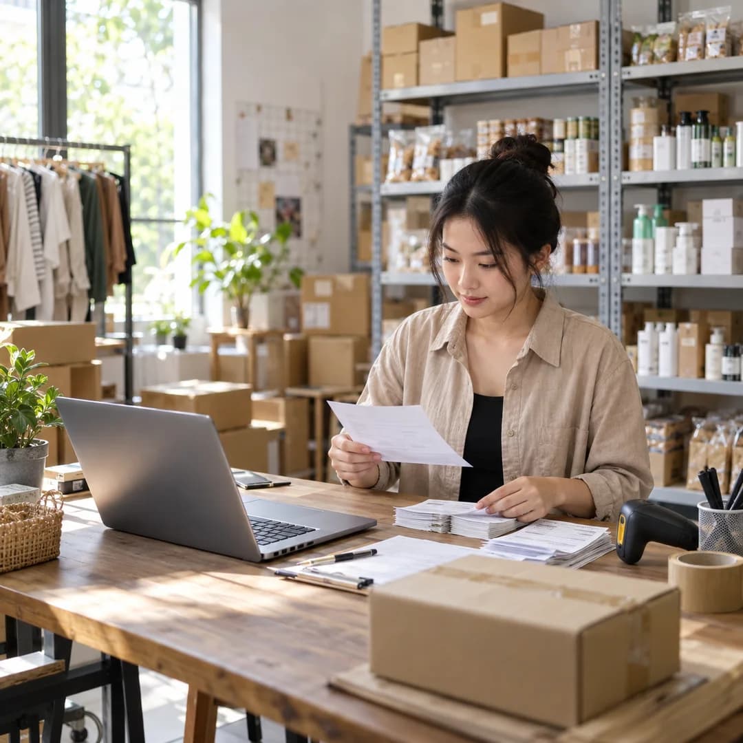 Ảnh AI minh họa một quản lý vận hành trong kho hàng nhỏ đang kiểm phiếu đơn cạnh máy tính và máy quét mã