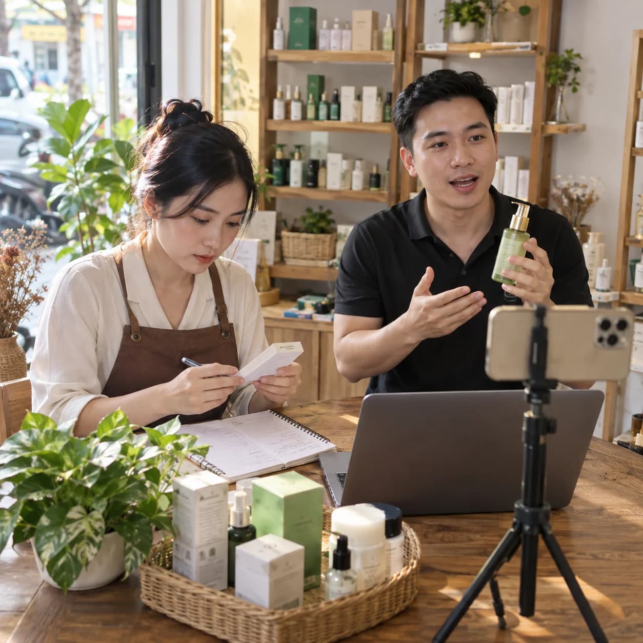Chủ shop kiểm thông tin sản phẩm trên giấy trong khi người dẫn giới thiệu hàng trước điện thoại tại cửa hàng