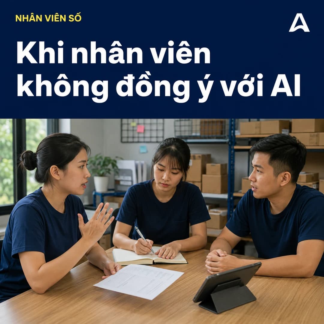 Ảnh AI minh họa hai nữ nhân viên và một nam quản lý Việt Nam thảo luận cạnh bút và máy tính bảng