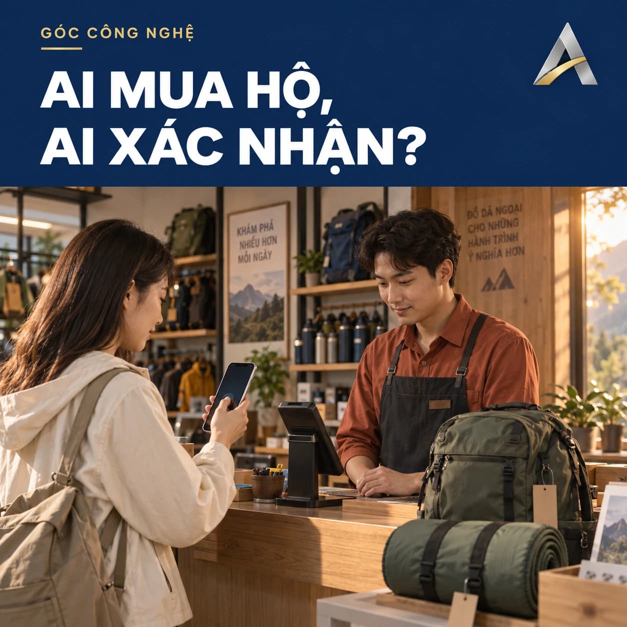 Ảnh AI minh họa khách tự xác nhận trên điện thoại tại quầy cửa hàng đồ dã ngoại