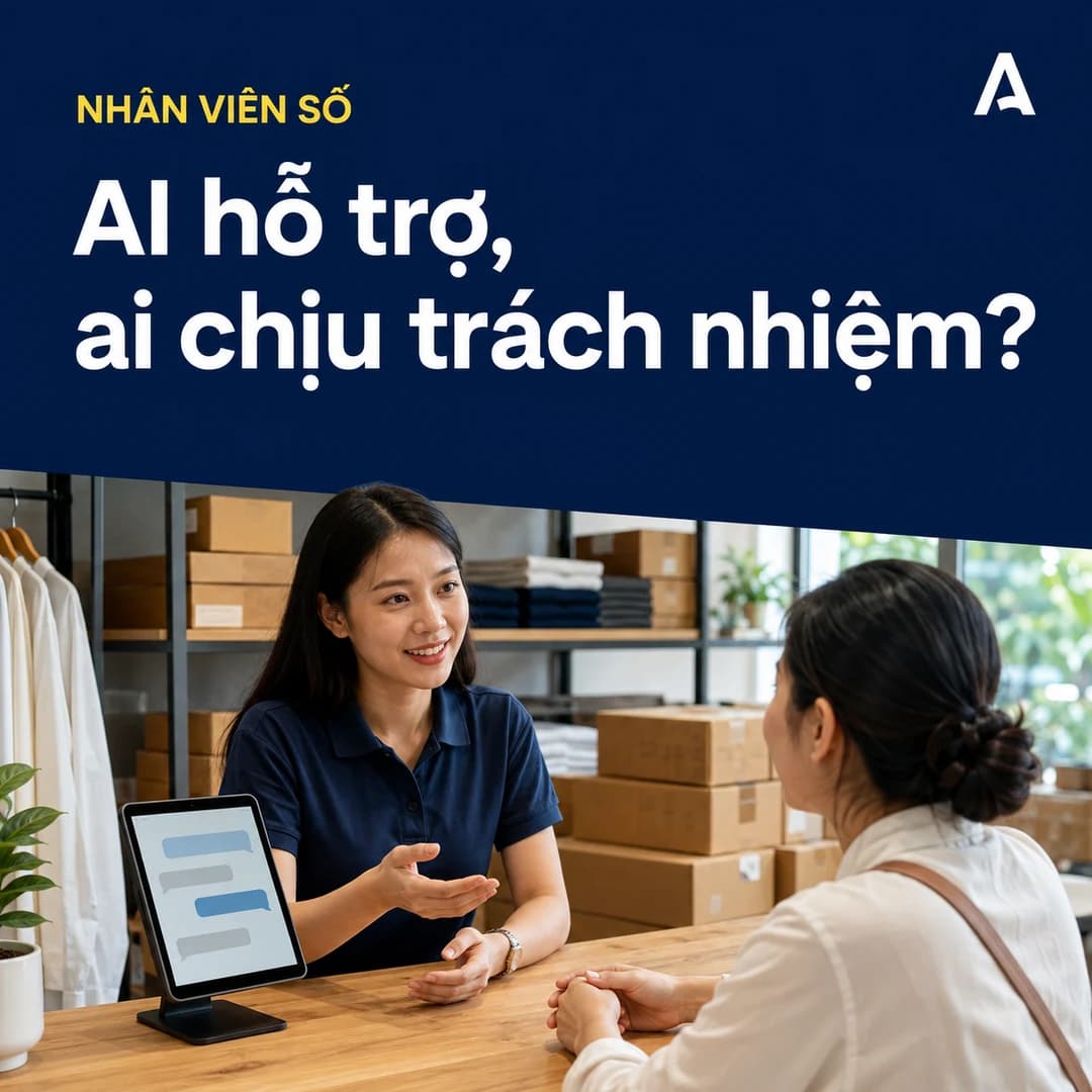 Ảnh AI minh họa nhân viên Việt Nam tư vấn trực tiếp với khách tại quầy, máy tính bảng đặt bên cạnh