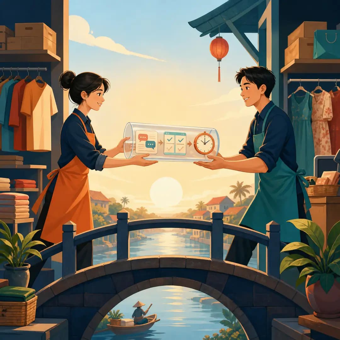 Hai nhân viên shop bàn giao thẻ hội thoại đầy đủ qua một cây cầu