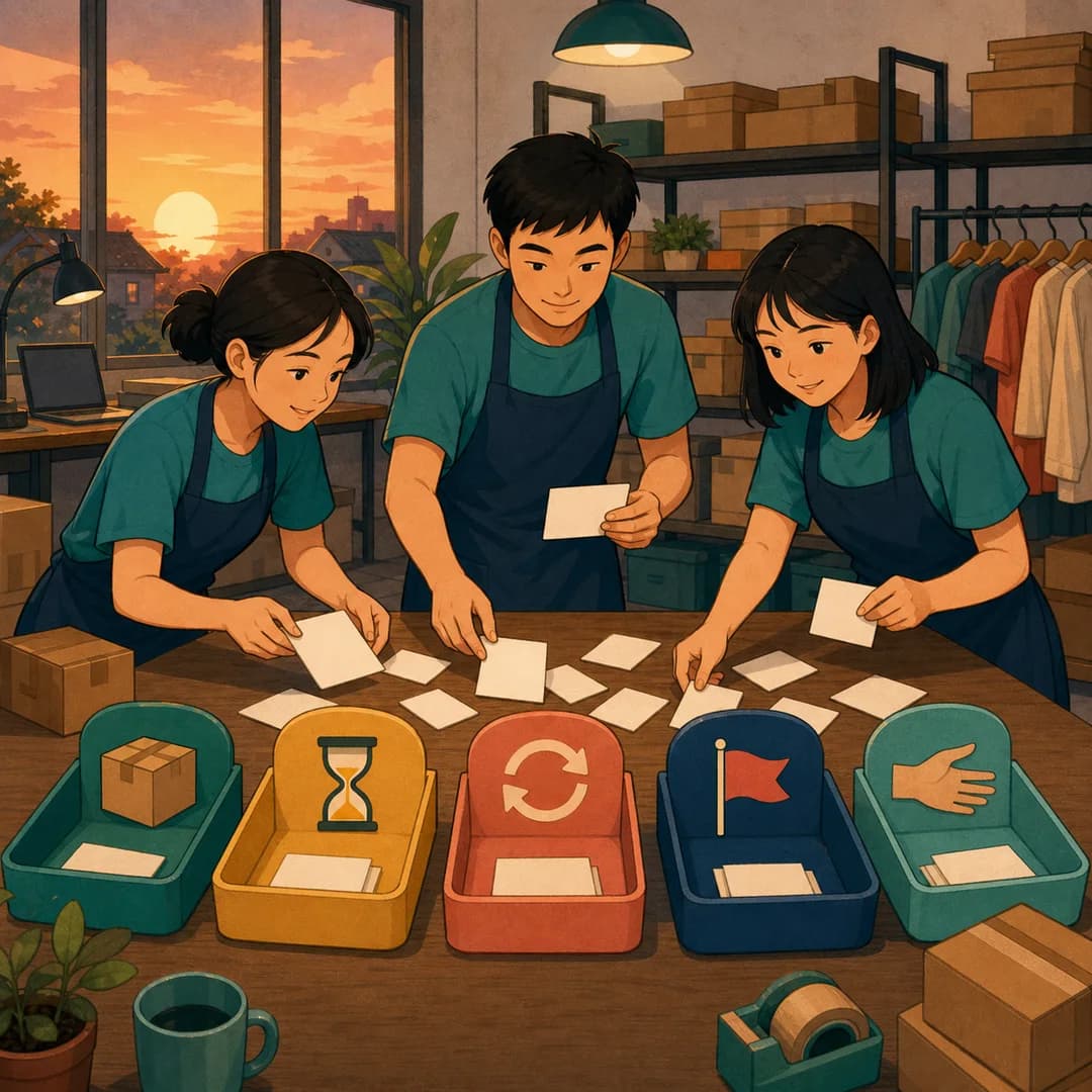 Đội ngũ gom các thẻ vấn đề từ ca làm vào năm khay tổng kết cuối ngày