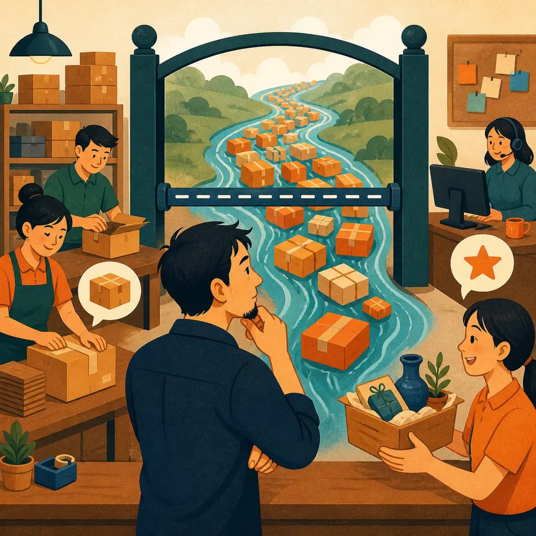 Dòng kiện hàng tiến tới cổng năng lực trong khi đội shop tách việc thường và việc ngoại lệ