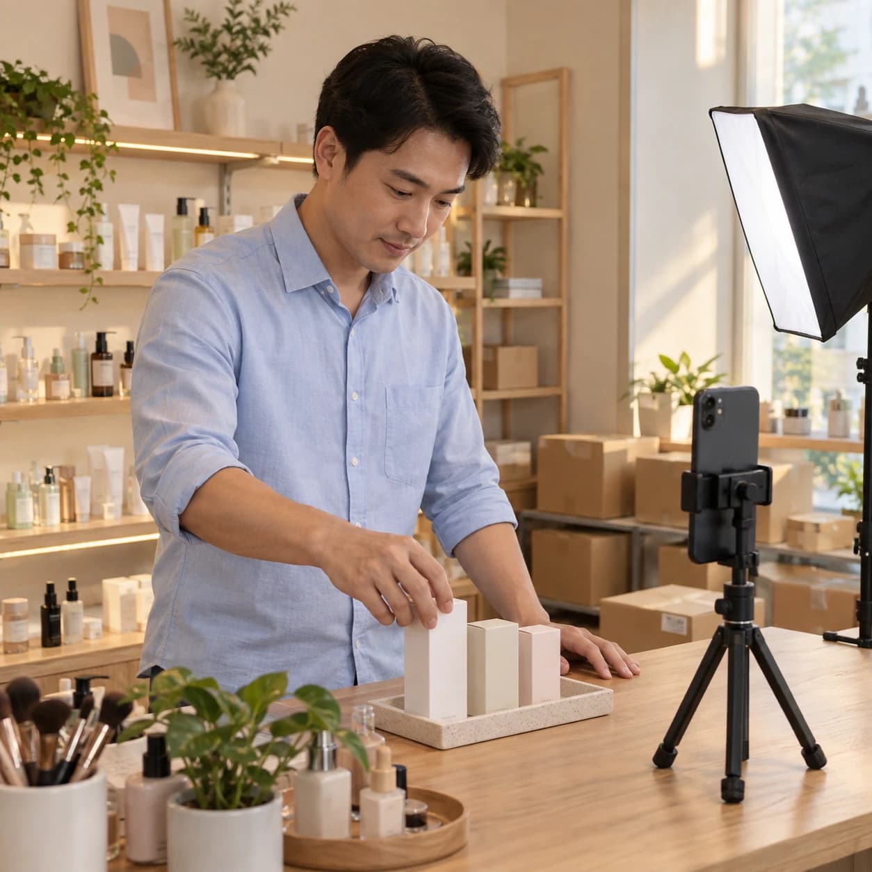 Ảnh AI minh họa chủ shop sắp xếp hộp mỹ phẩm trước điện thoại đặt trên chân máy để chuẩn bị livestream