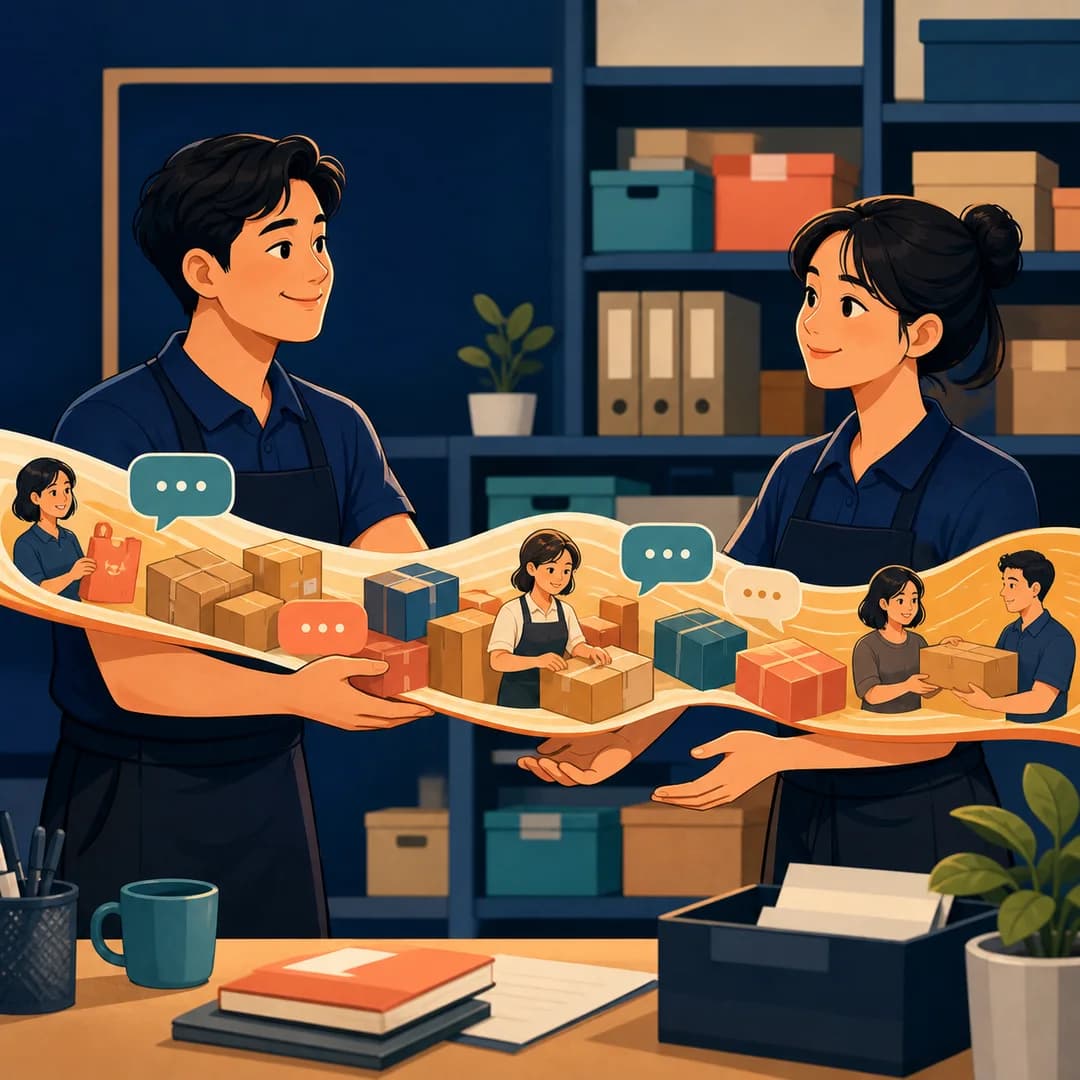 Hai nhân viên trao nhau dải lịch sử khách hàng liền mạch làm từ bưu kiện và hội thoại