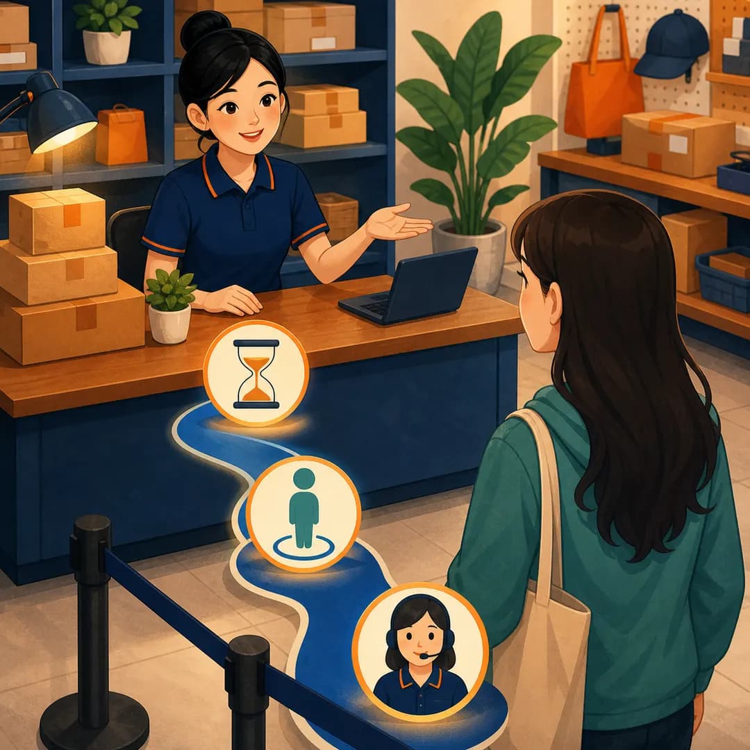 Nhân viên shop hướng dẫn khách qua lối chờ có đồng hồ cát và điểm gặp người phụ trách