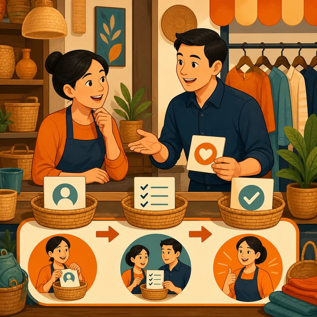 Chủ shop sắp các giỏ việc, mũi tên và thẻ duyệt với người hướng dẫn bên cạnh