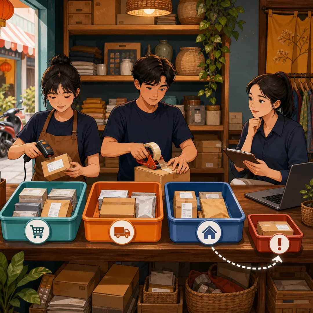 Ba nhân viên shop phân loại công việc vào các khay màu