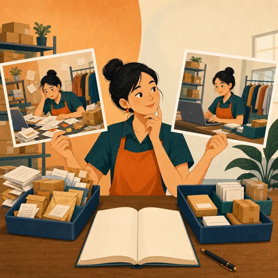 Chủ shop đối chiếu hai cảnh của cùng một quy trình trước và sau lần thử nhỏ