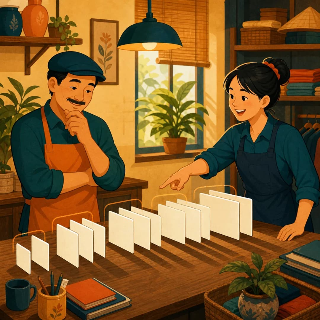 Chủ shop quan sát các thẻ việc xếp thành hàng theo thời gian chờ và loại quyết định