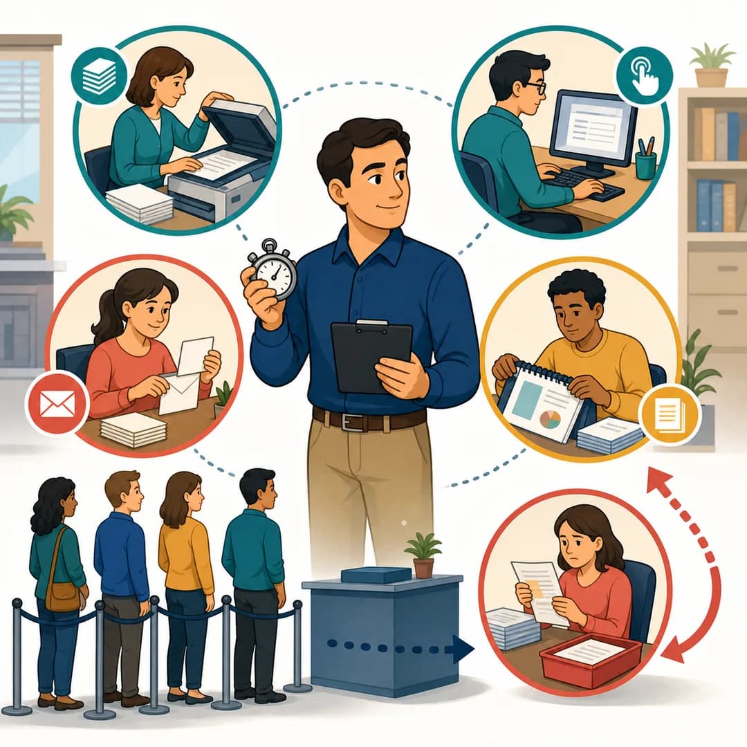 Giám đốc vận hành dùng đồng hồ bấm giờ theo dõi các trạm nhập liệu, nhắc việc, lập báo cáo và hàng chờ