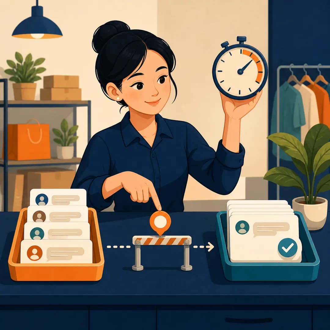 Trưởng nhóm cầm đồng hồ giữa khay tin chờ và khay phản hồi đã hoàn tất