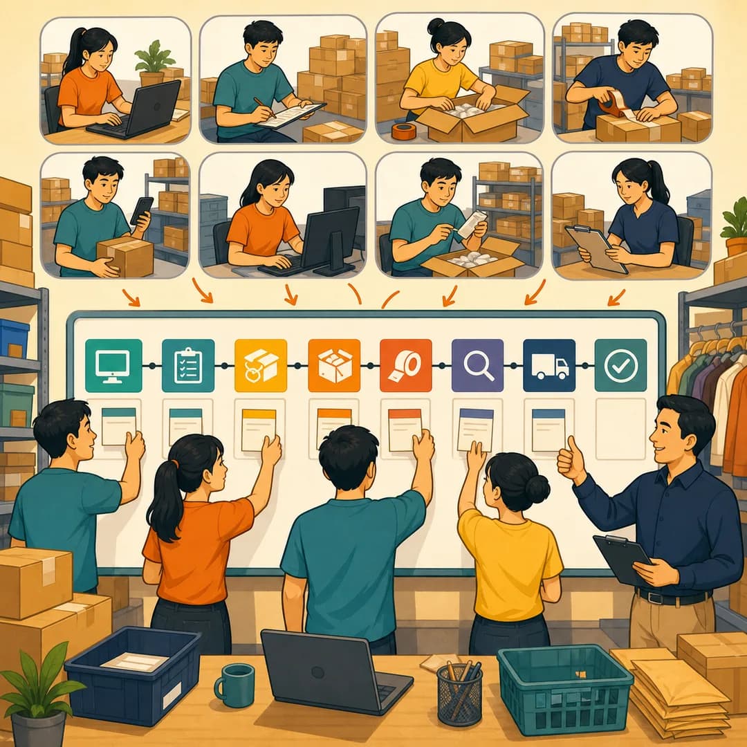 Đội shop gom nhiều trạm việc rời thành một đường quy trình có điểm kiểm tra