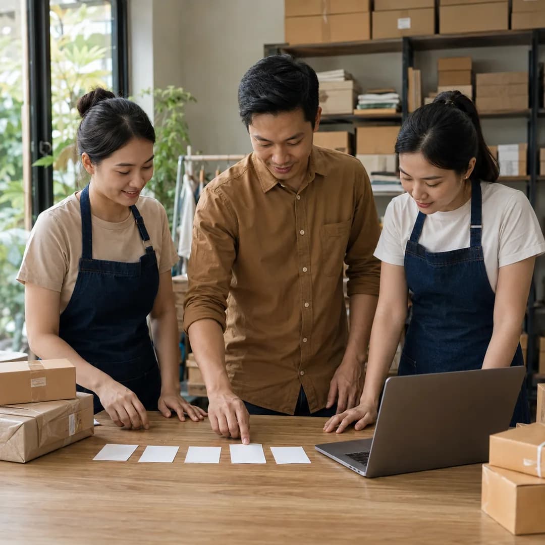 Đội vận hành shop Việt Nam xem các phiếu việc thật để vẽ quy trình trên bảng