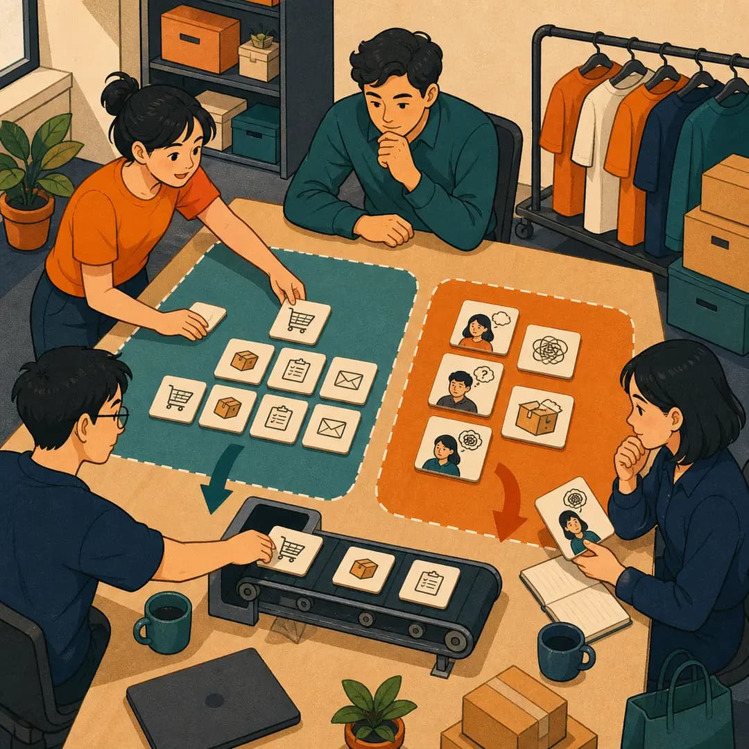 Đội shop phân loại thẻ việc thường và thẻ ngoại lệ quanh một băng chuyền nhỏ