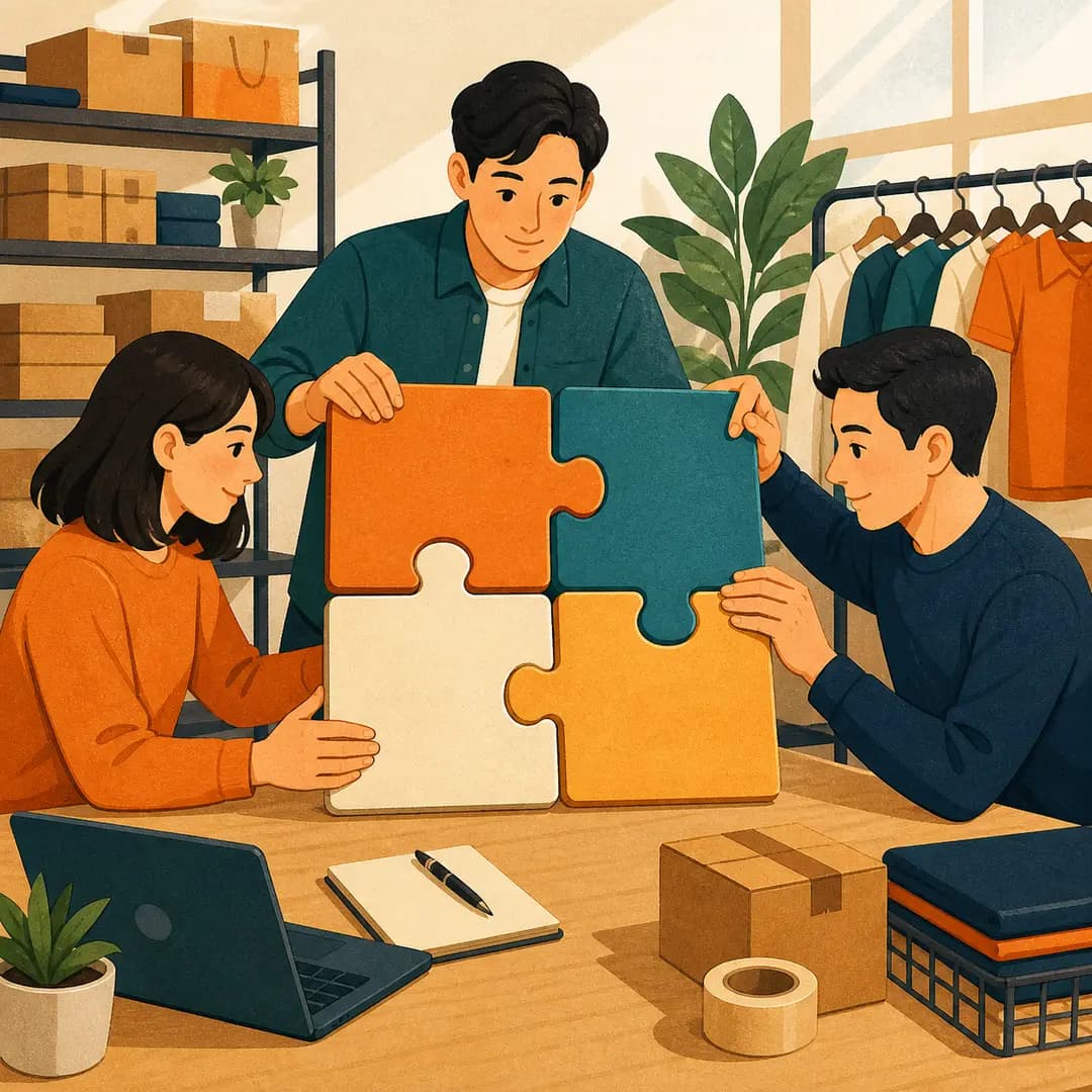 Ba người trong đội shop ghép bốn mảnh của một quy trình được giám sát