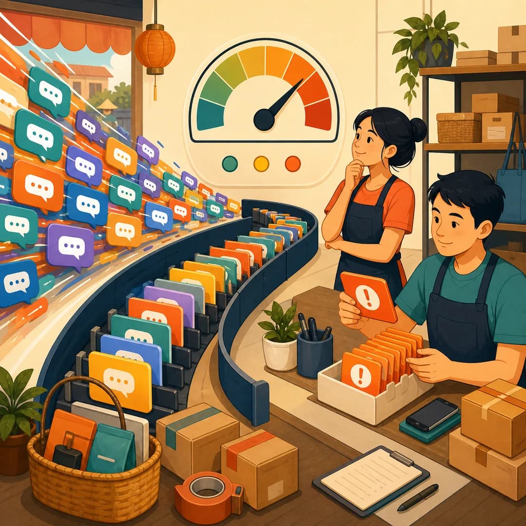 Luồng nhiều thẻ tin nhắn đi qua hàng chờ trong khi đội shop theo dõi và xử lý ngoại lệ