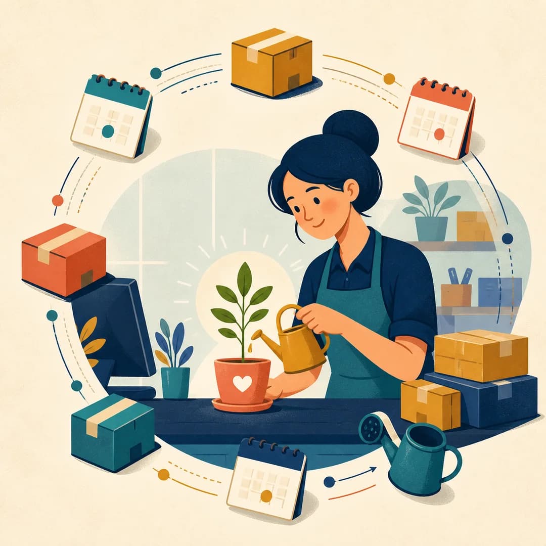 Nhân viên shop tưới cây giữa vòng tròn lịch, bưu kiện và nhịp chăm sóc