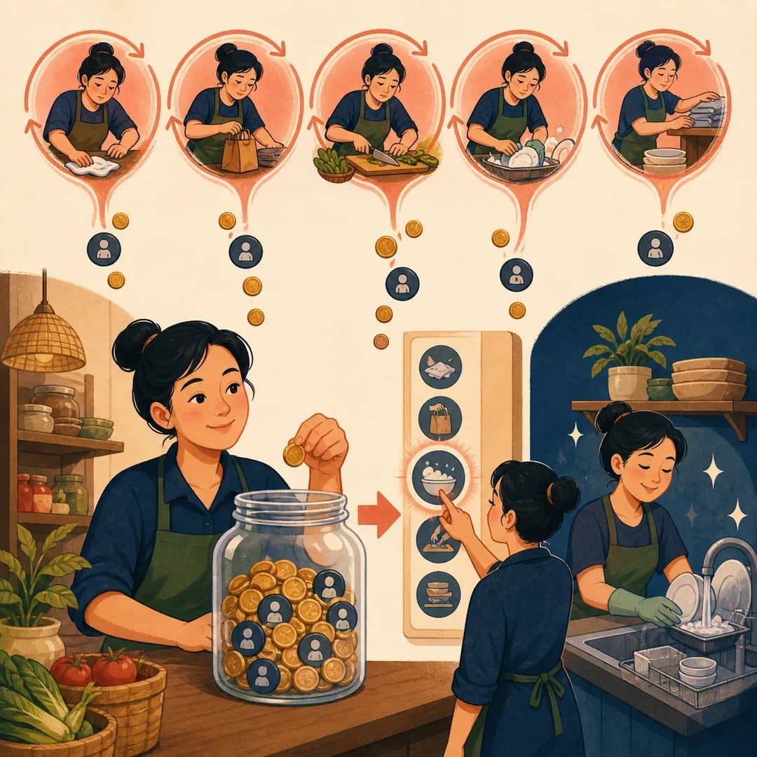 Chủ shop gom các đồng xu từ vòng việc lặp lại vào hũ ngân sách cải tiến