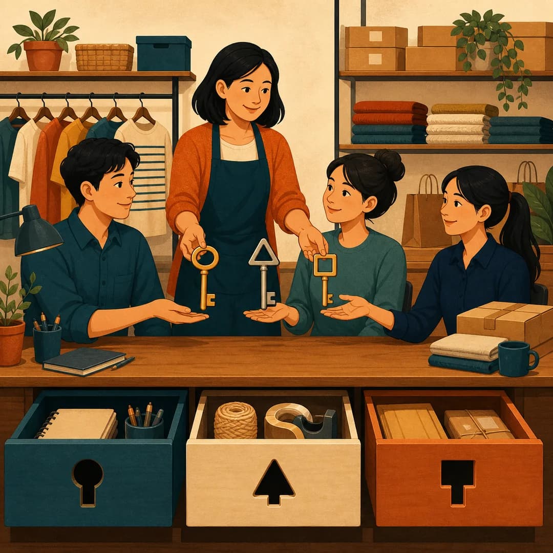 Chủ shop trao ba chiếc chìa khóa có phạm vi khác nhau cho đúng vai trò trong đội ngũ