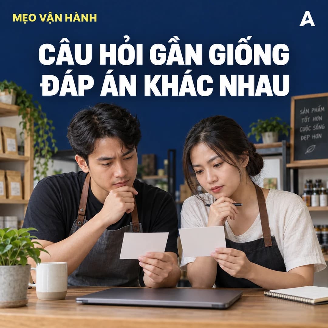 Hai nhân viên Việt Nam so sánh hai thẻ tình huống đặt cạnh nhau trên bàn