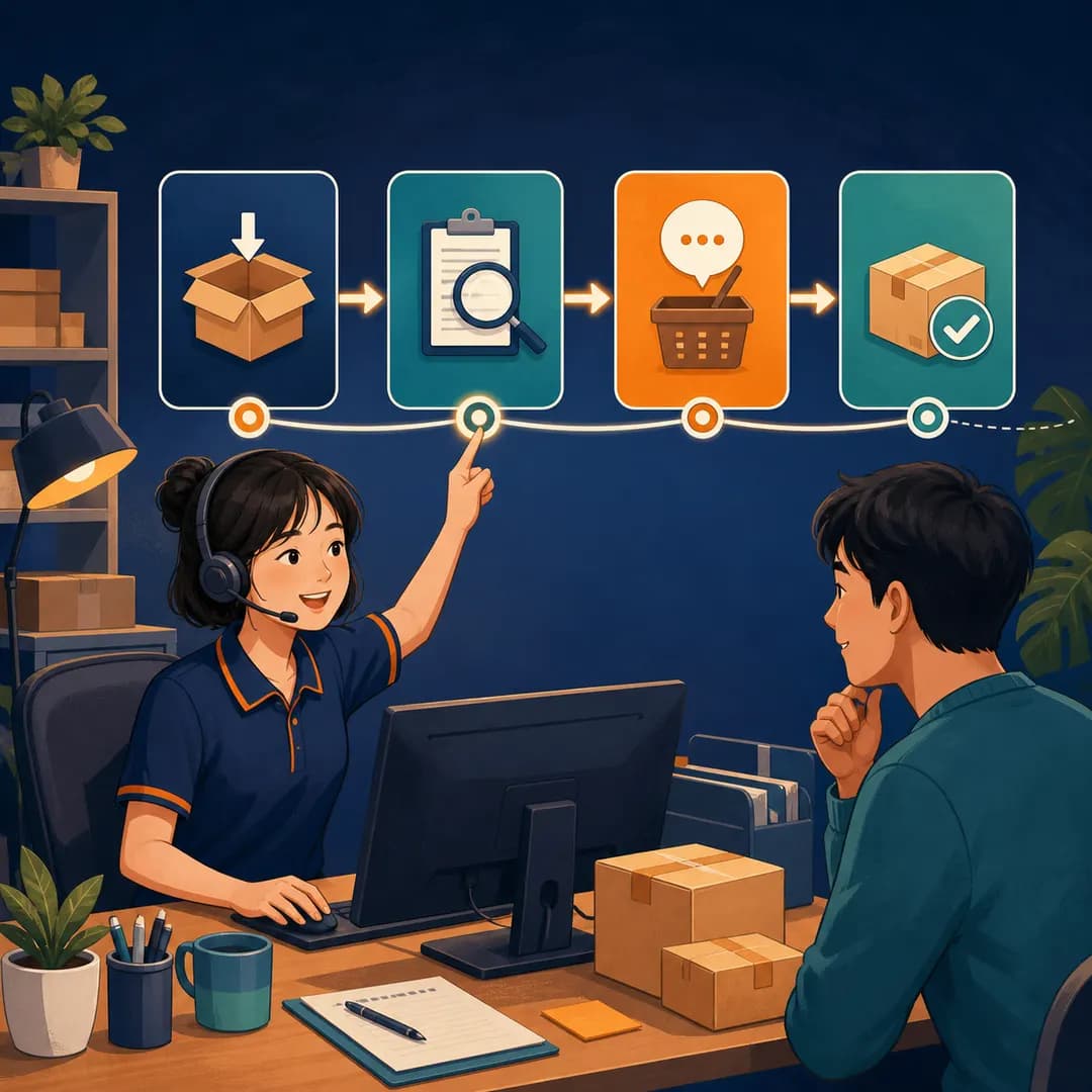 Nhân viên shop chỉ cho khách bốn trạm xử lý từ tiếp nhận đến hoàn tất