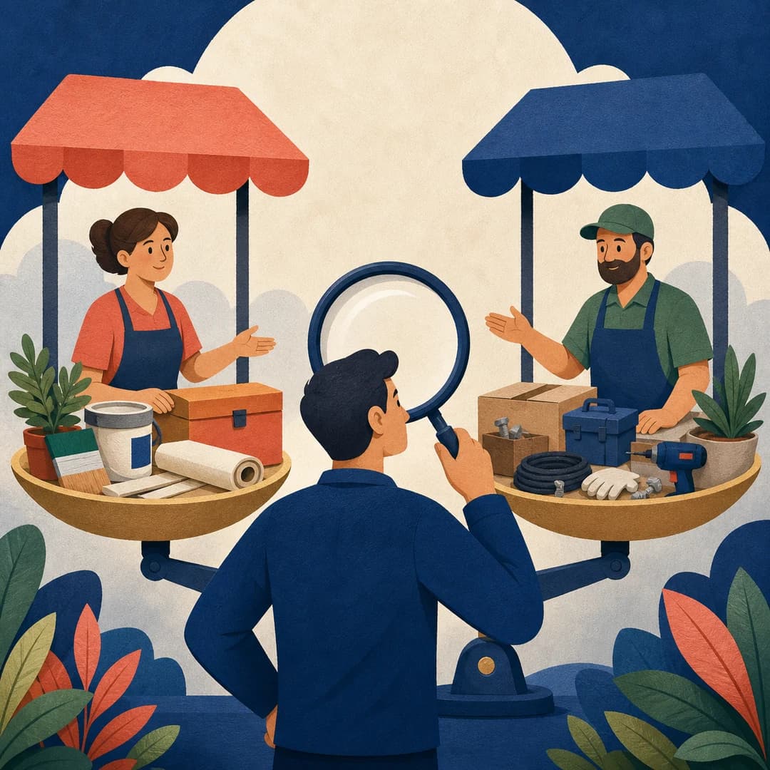 Minh họa 2D hai quầy hàng khác phạm vi nằm trên hai bàn cân, người quản lý cầm kính lúp kiểm tra