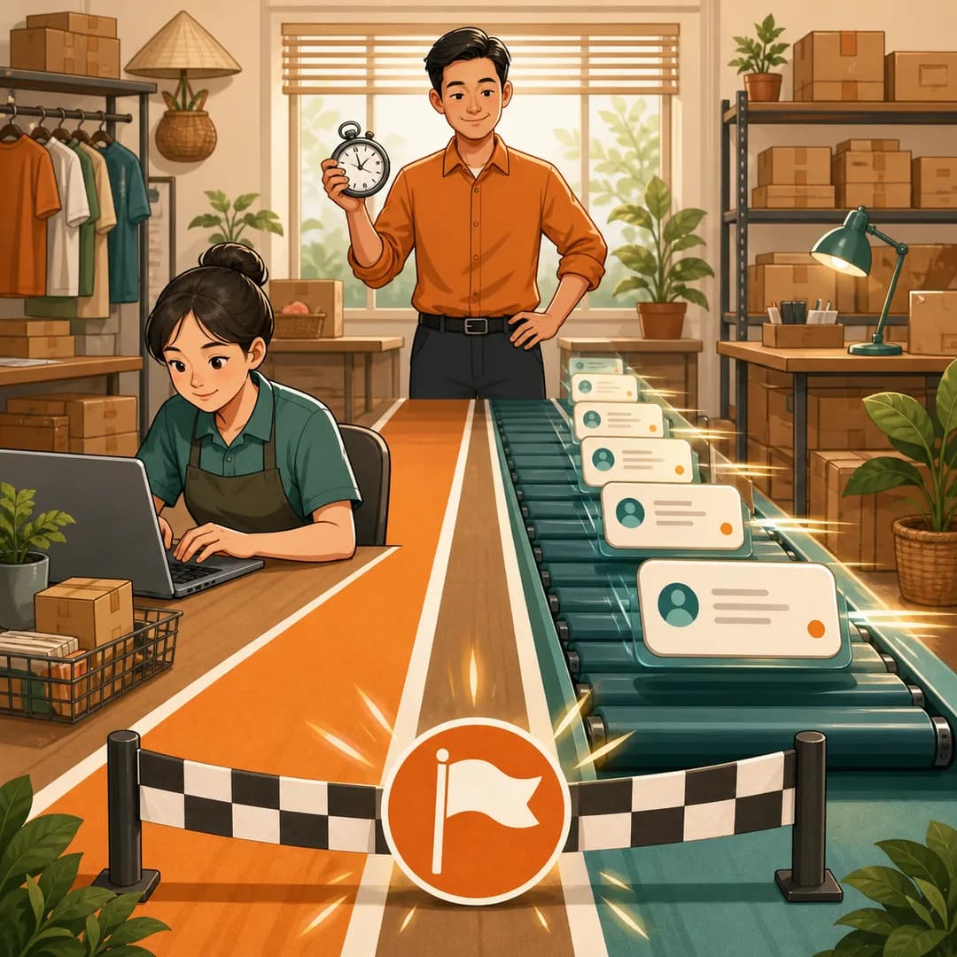 Quản lý dùng đồng hồ để so hai đường xử lý tin nhắn của nhân viên và hệ thống