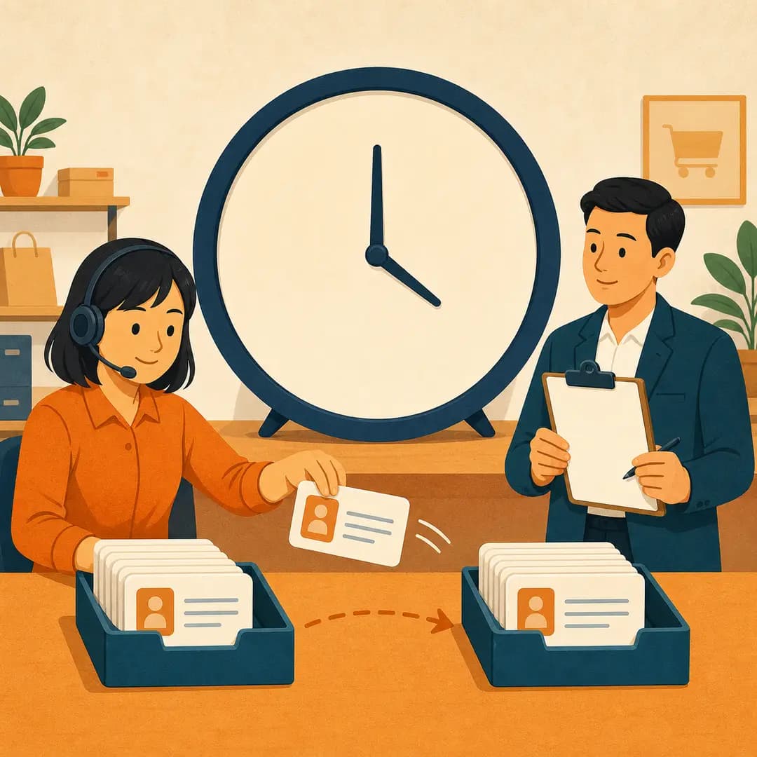 Nhân viên xử lý các thẻ yêu cầu cạnh đồng hồ lớn trong khi quản lý ghi nhận thời gian