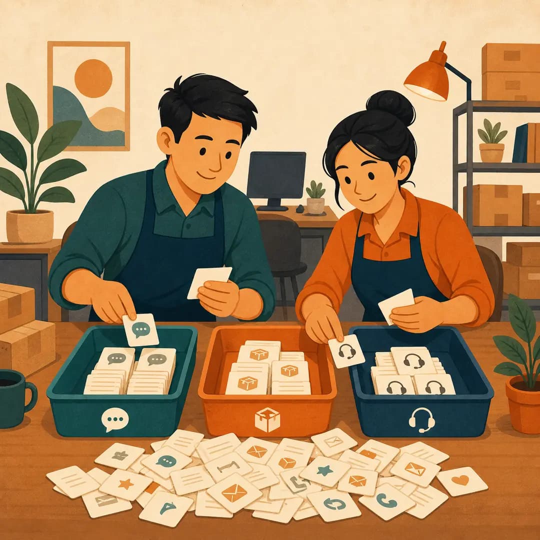 Chủ shop và nhân viên phân loại các thẻ việc lặp lại vào những khay chi phí