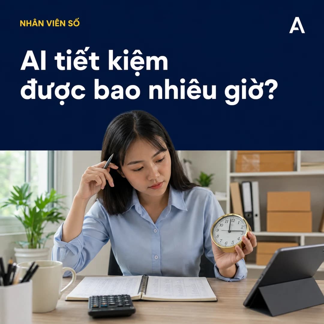 Ảnh AI minh họa nữ nhân viên Việt Nam cầm đồng hồ, bên cạnh sổ ghi thời gian và máy tính cầm tay